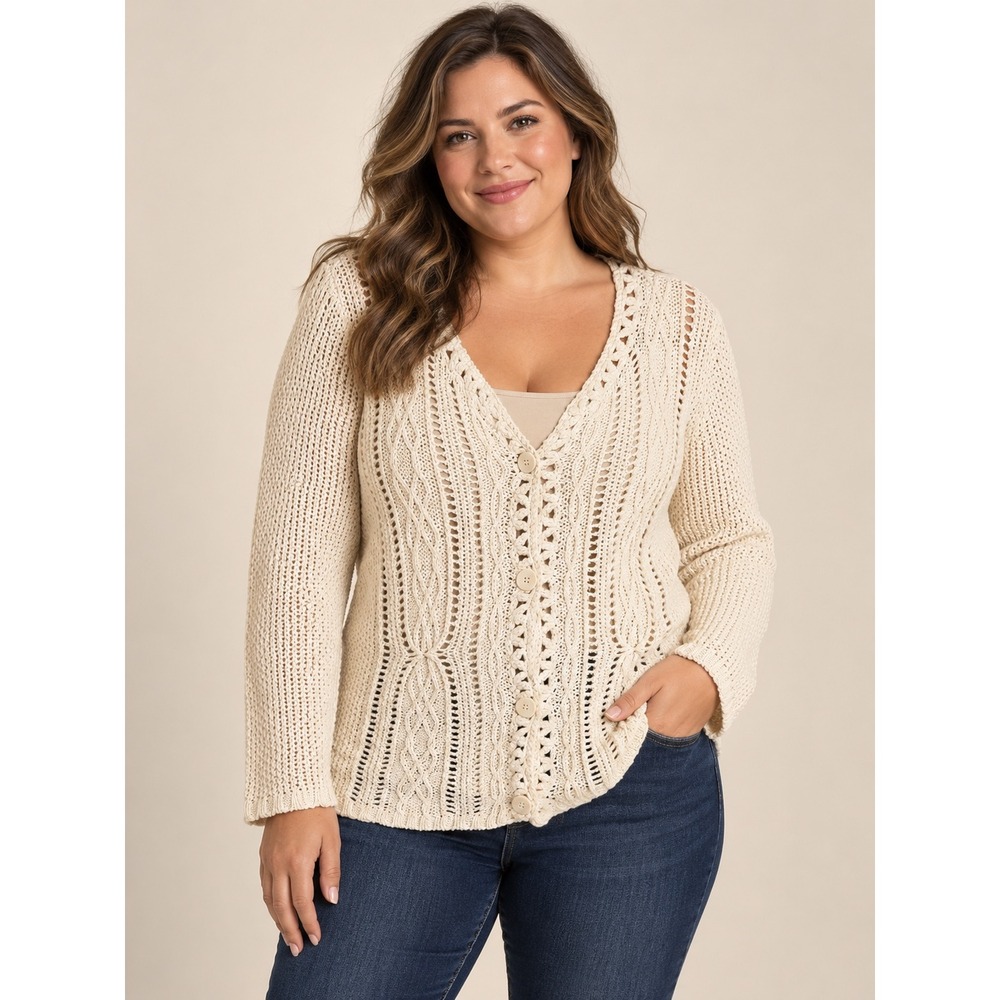 Coldwater Creek Cardigan Cream Ivory Pointelle Cable Knit Button Front Large